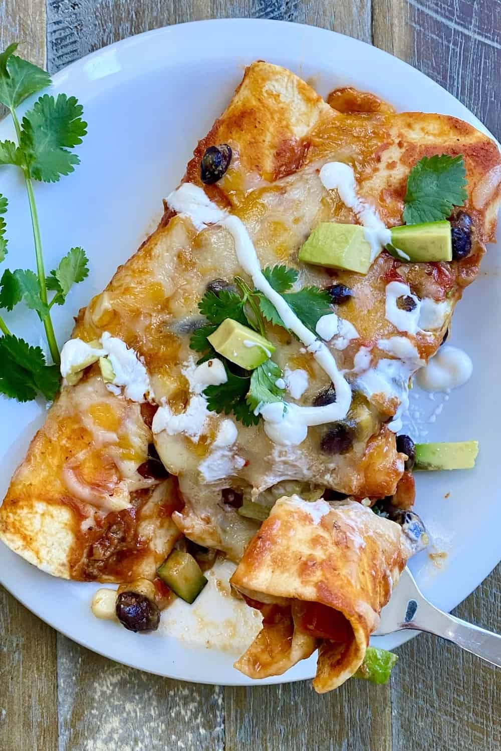 2 veggie and black bean enchiladas on a plate.