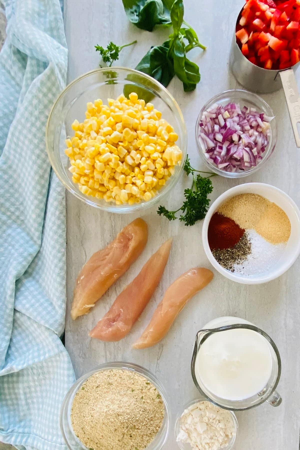chicken tenders, corn, red onion, red peppers, breadcrumbs, flour, spices