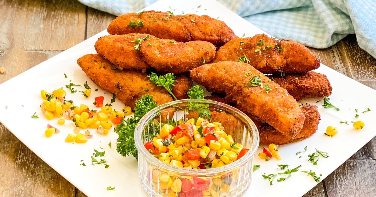 Pan Fried Chicken Tenders with Fresh Corn Sauté