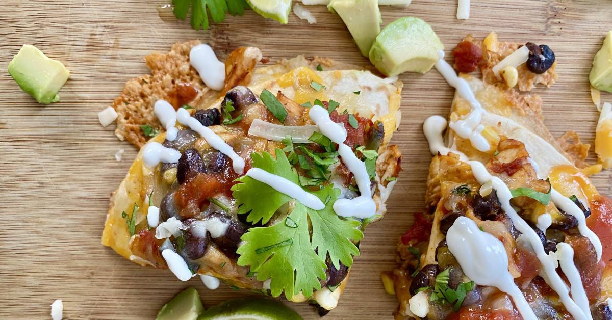 Tex-Mex Cheesy Chicken, Sweet Corn and Black Bean Tortilla Stacks