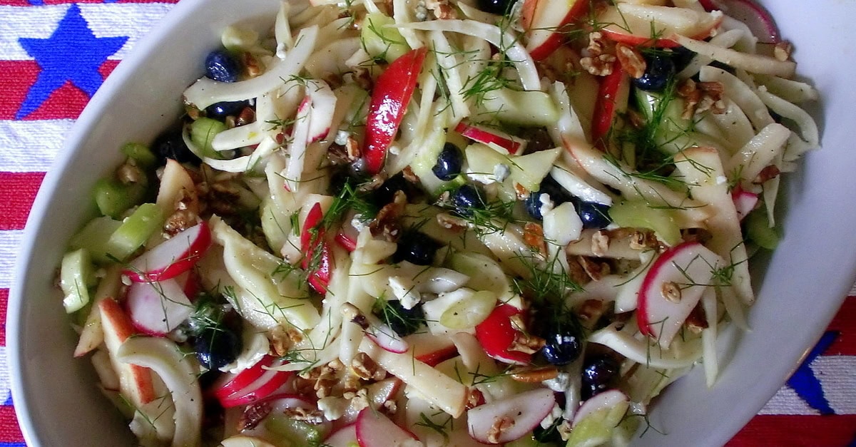 Apple, Fennel, and Radish Slaw with Pecans and Blue Cheese