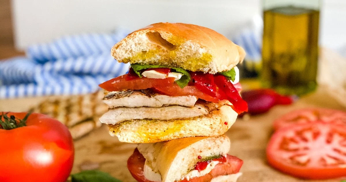 Chicken Caprese Sandwich with Fresh Mozzarella, Roasted Red Peppers and Tomato