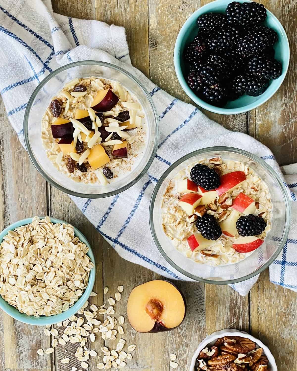 overnight oats with plums, apples, raisins and nuts