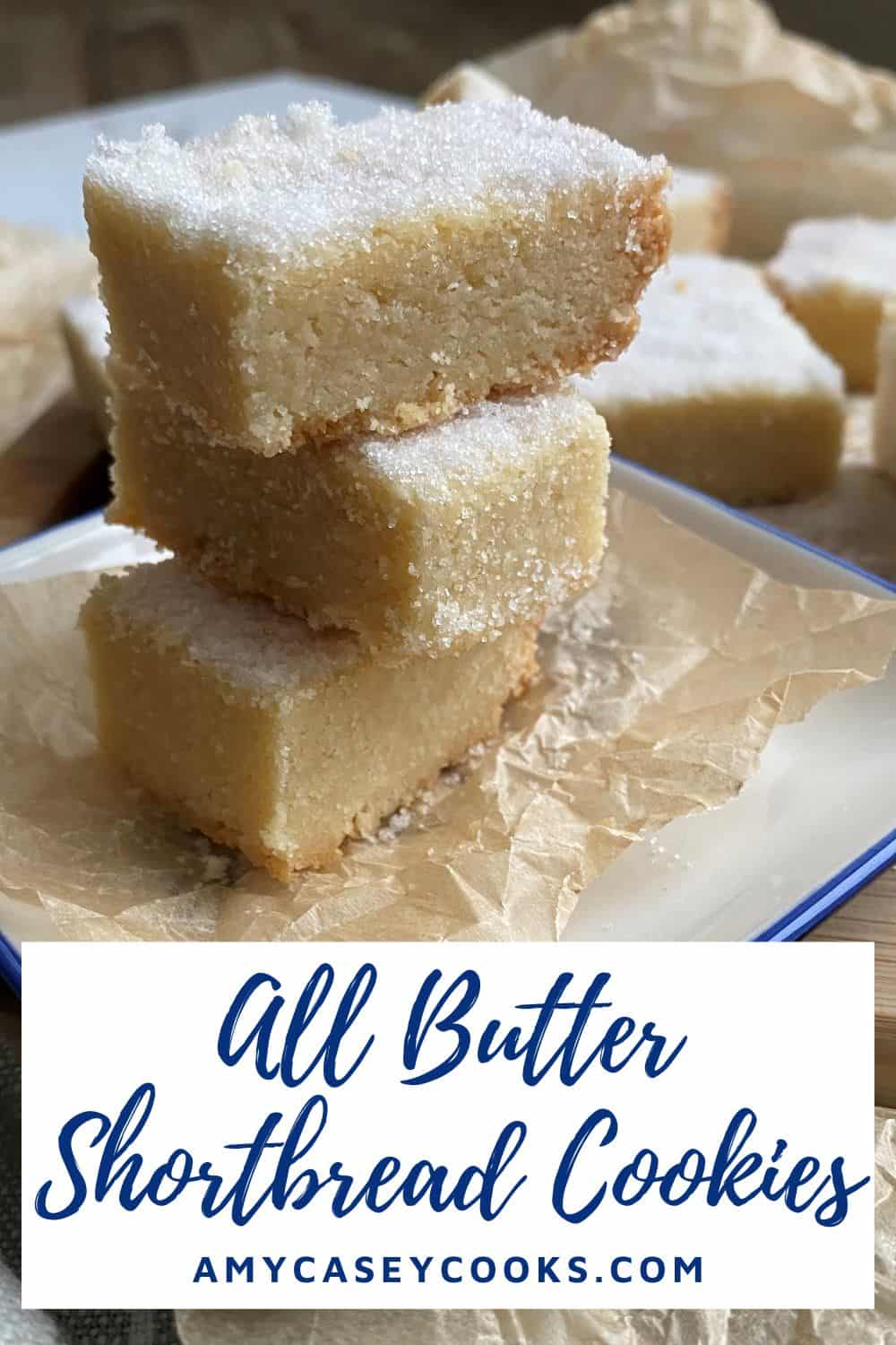 3 all butter shortbread cookies stacked on top of each other.