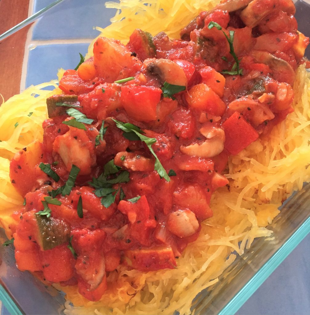 Vegetable bolognese over spaghetti squash.