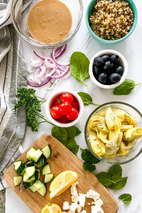 ingredients for Greek inspired vegetarian lunch or dinner