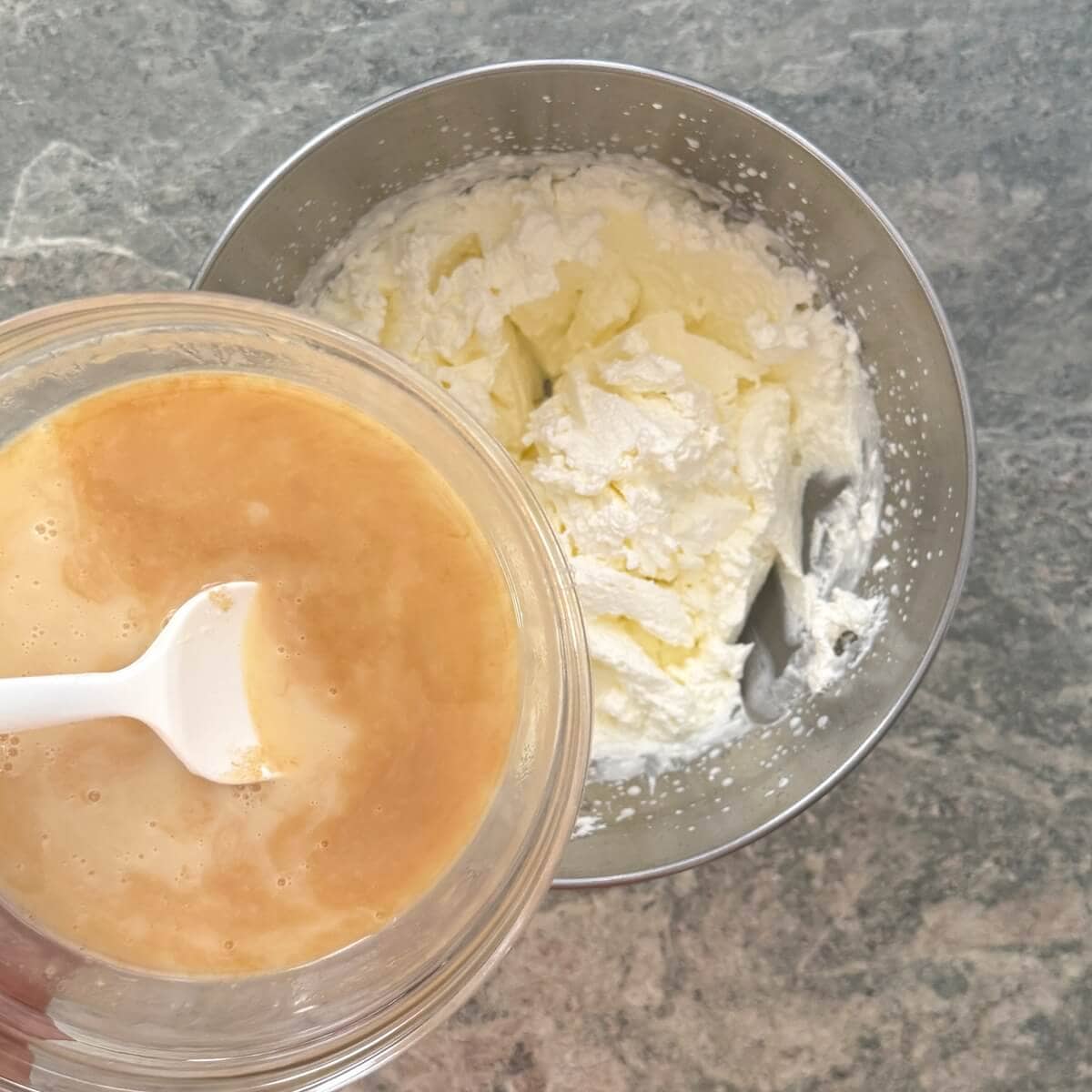 Adding sweetened condensed milk to whipped cream.