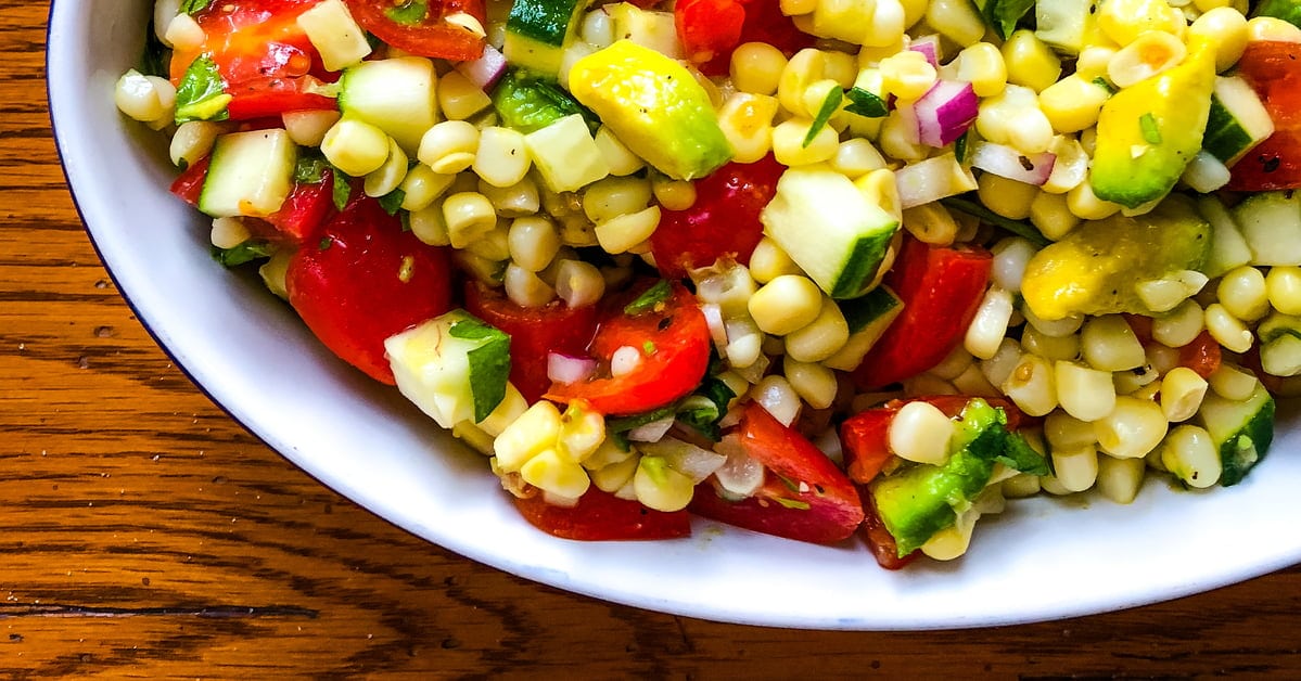 Summer Avocado, Corn, Cucumber, and Tomato Salad