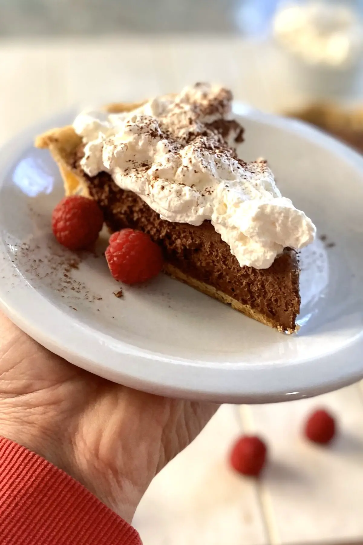 hand holding a plate with French silk pie.