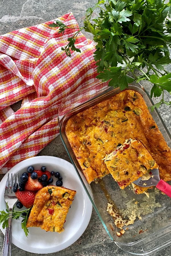 breakfast casserole with ham, onions, cheddar, red pepper and zucchini