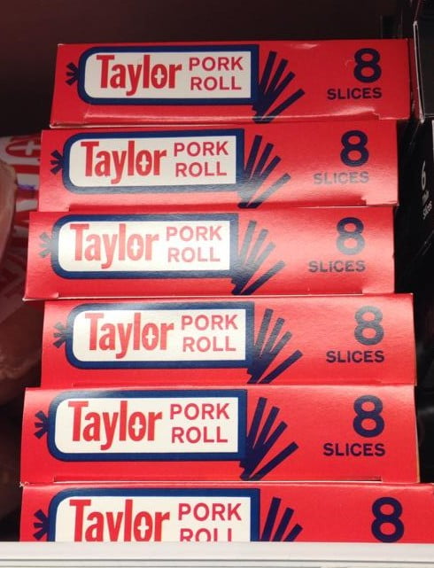 boxes of pork roll on grocery store shelf