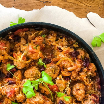 unstuffed cabbage meatballs in a skillet