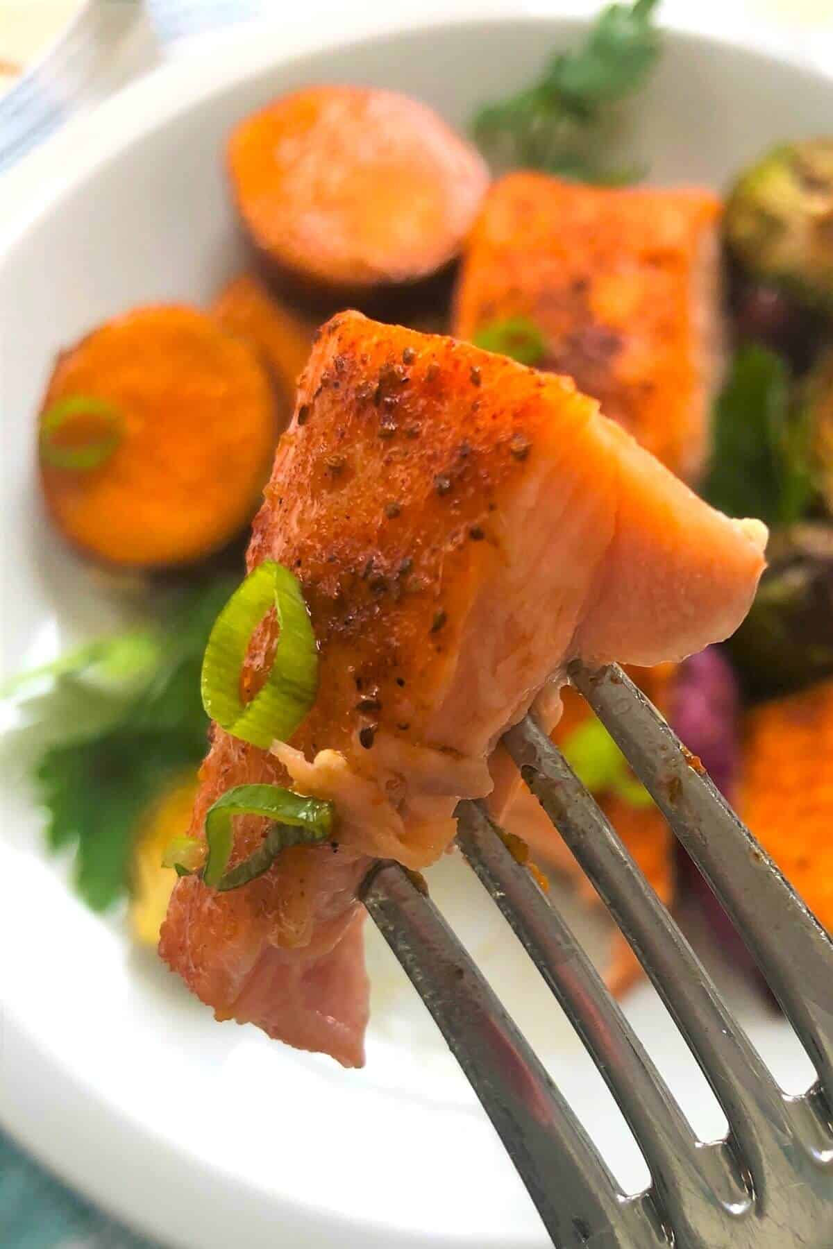 a bite of salmon on a fork.