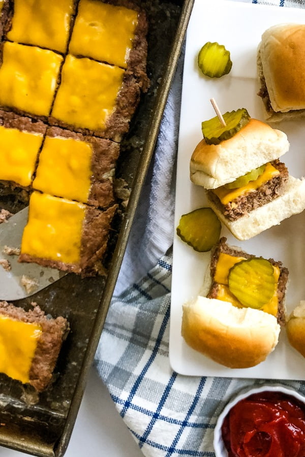 pan of sliders with cheese and finished sliders