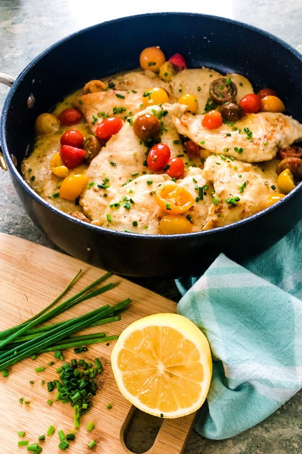 saute pan of chicken with pomodoro sauce