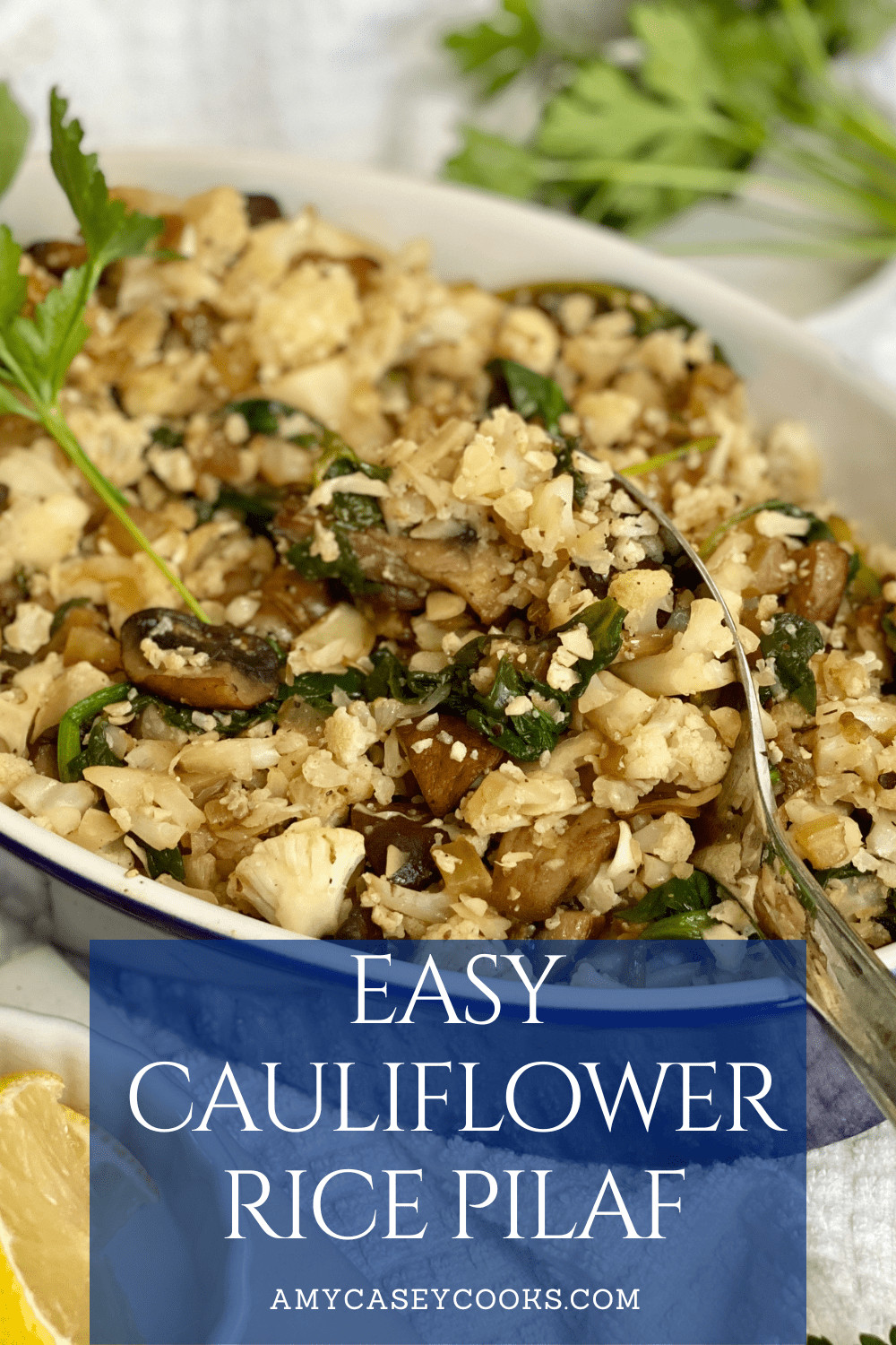 serving dish with cauliflower rice with mushrooms and spinach