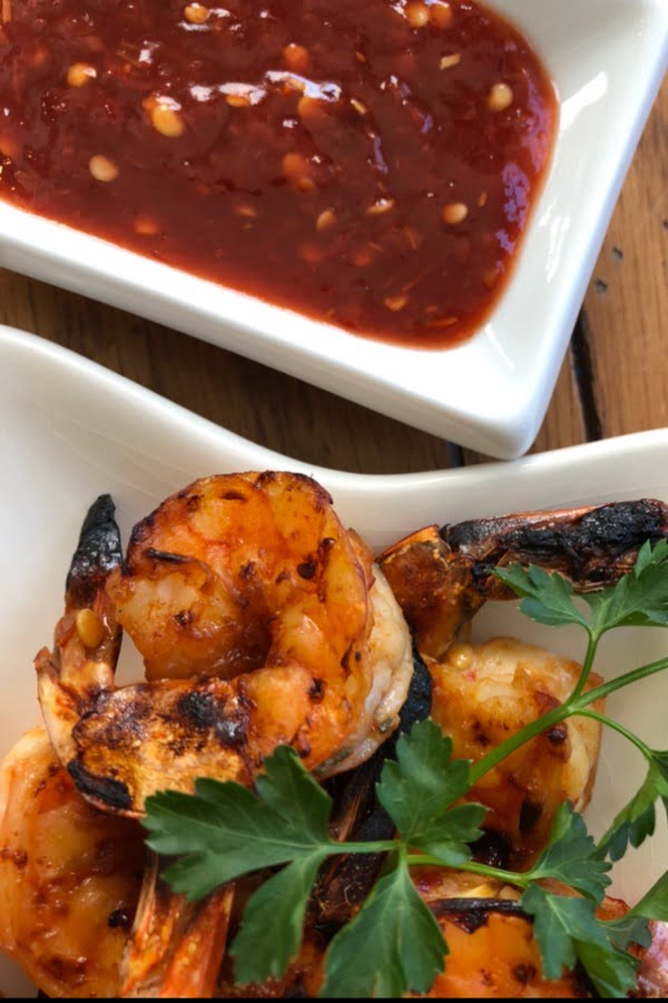 spicy chili garlic paste dipping sauce with Korean bbq shrimp