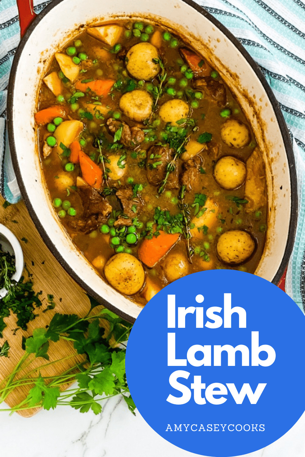 big pot of stew made with lamb, Guinness beer, potatoes, carrots and peas