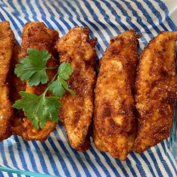 glass dish with buttermilk fried chicken tenders.