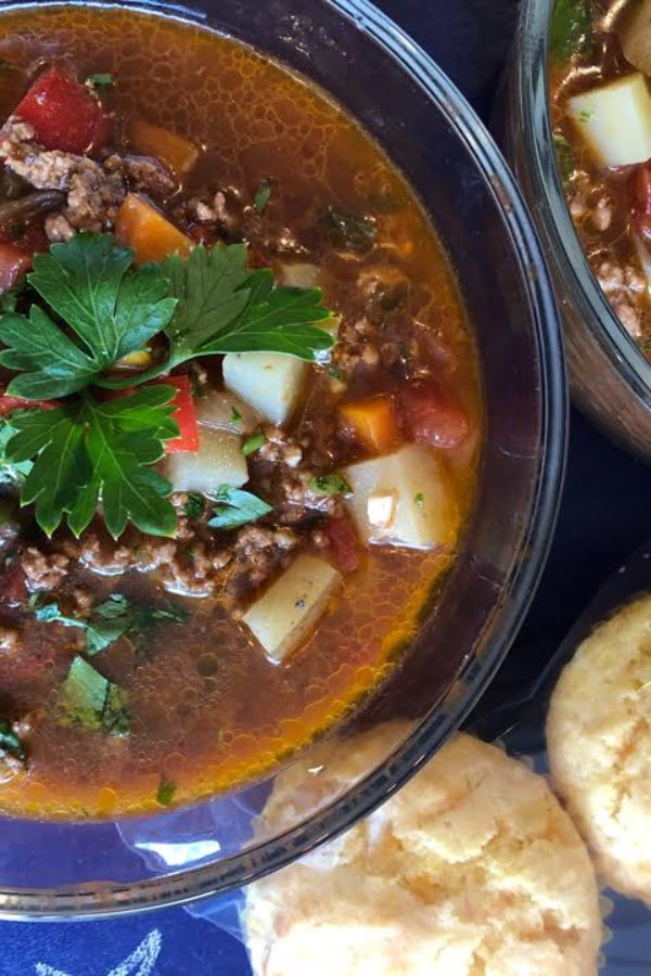 bowl of hearty beef and vegetable soup