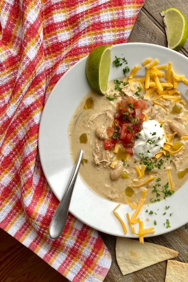 bowl of chicken enchilada soup made in an Instant Pot