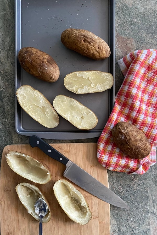 baked potatoes for cheddar stuffed potatoes - cut in half