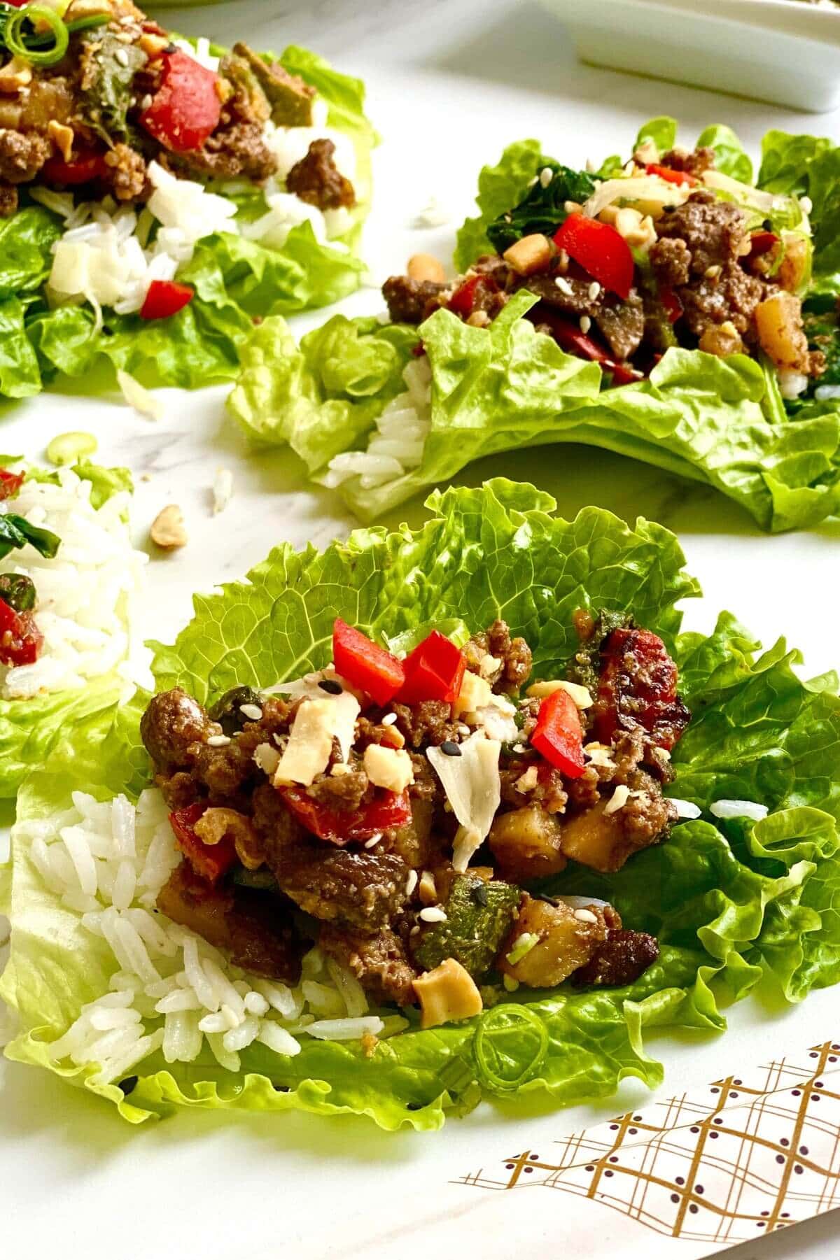 lettuce cup filled with Korean beef and rice.
