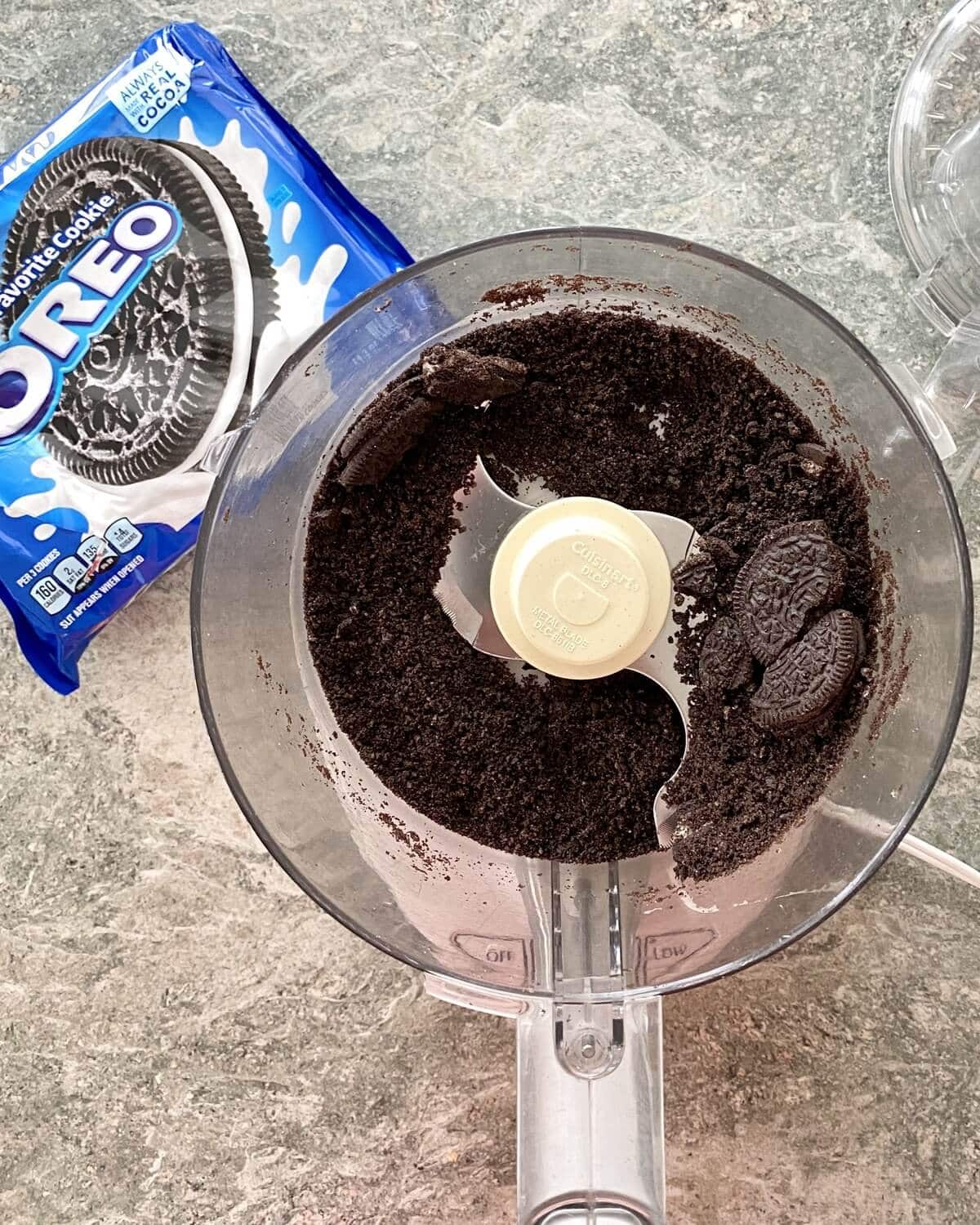 Crushed Oreos in a food processor.