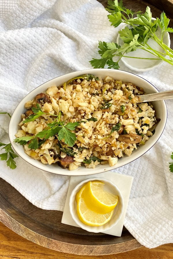 large serving of rice made from cauliflower