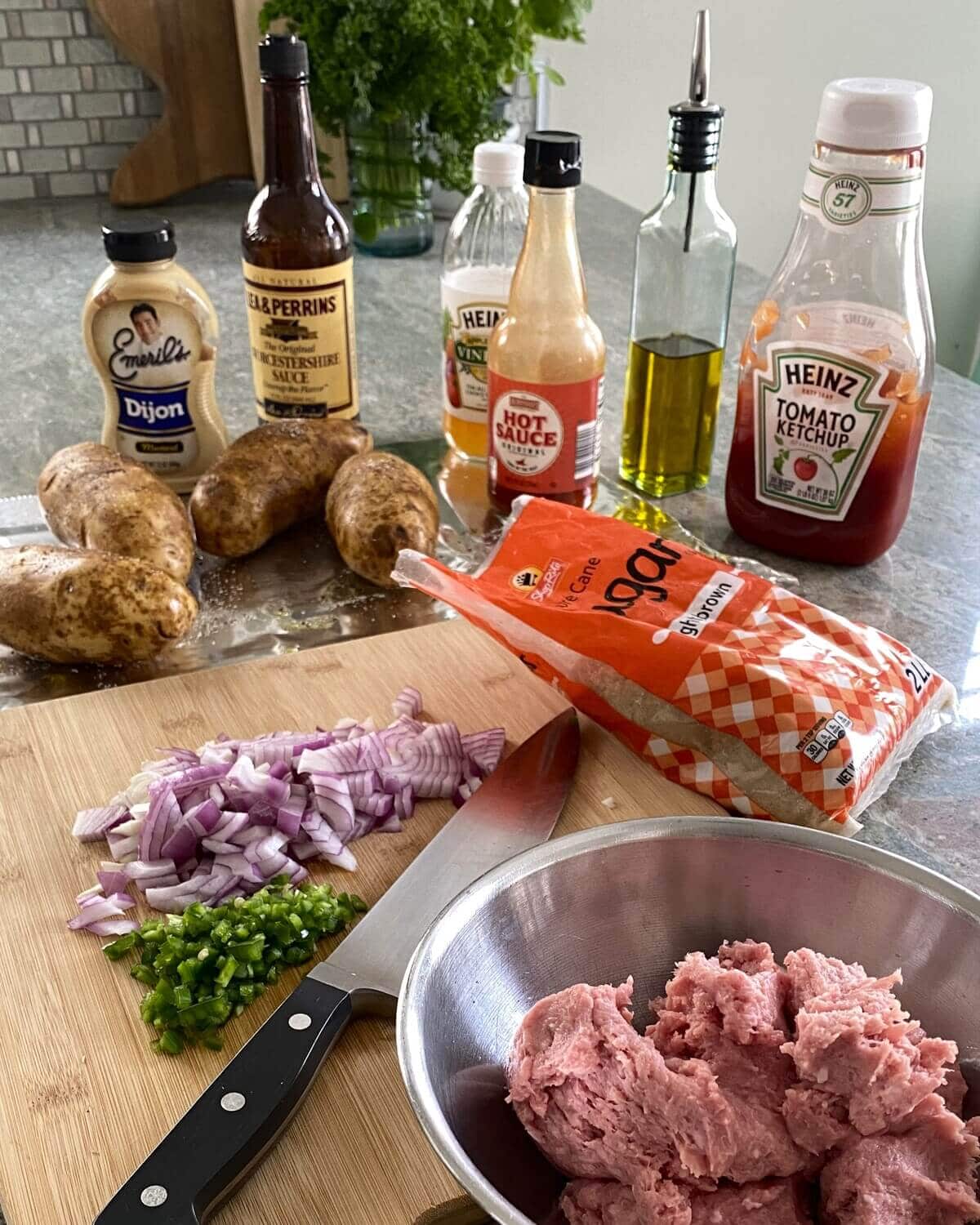 ketchup, ground turkey, potatoes, onion, jalapeno.