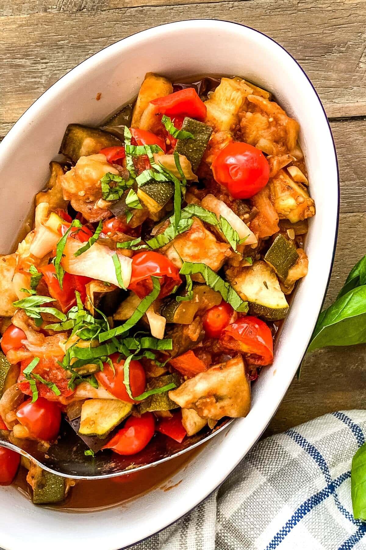 Serving dish filled with slow cooker ratatouille.