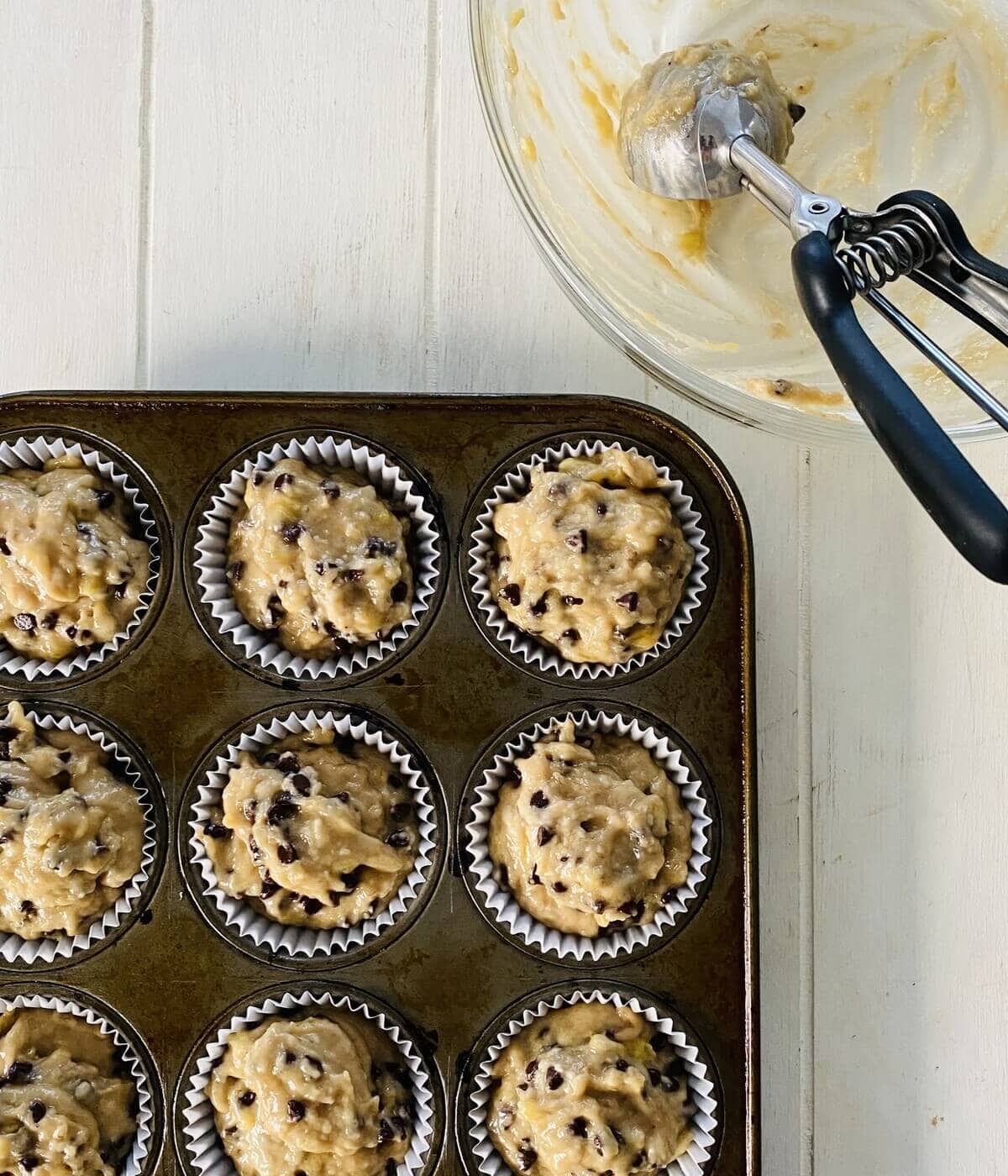 empty batter bowl and filled muffin pan.