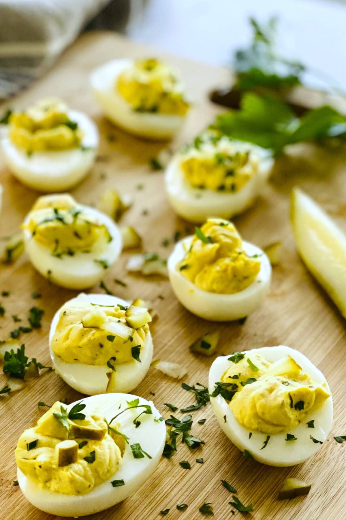 Deviled eggs and dill pickle spears.