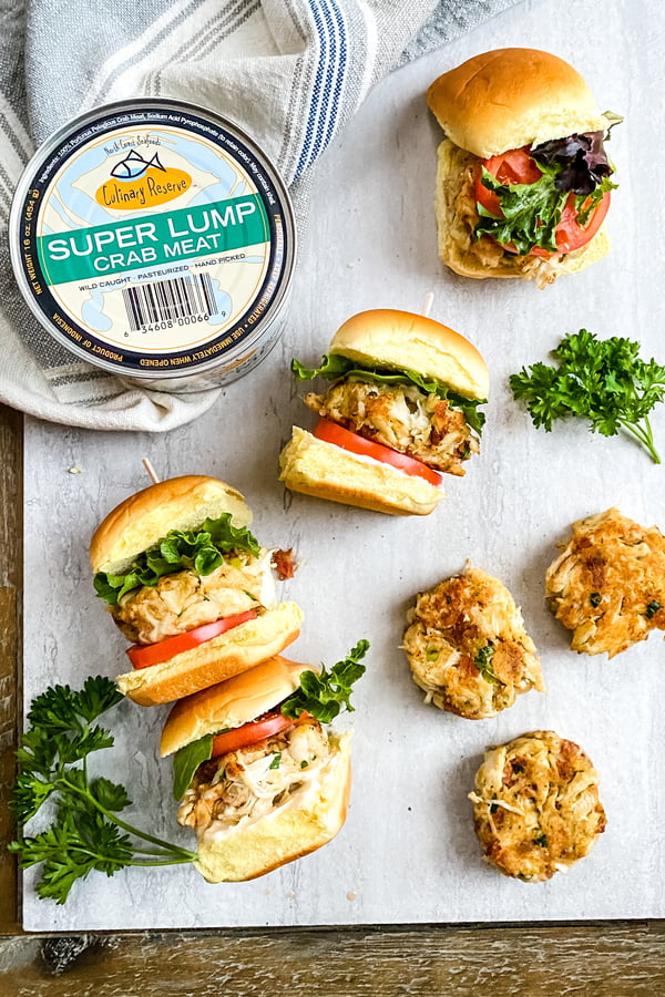 mini crab cake sandwiches, crab cakes and a can of super lump crab.