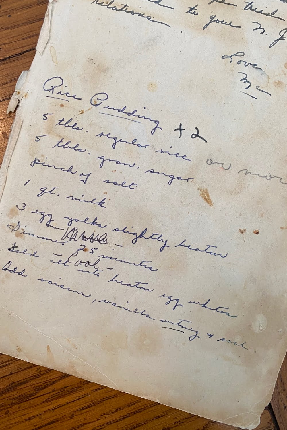 hand written recipe for rice pudding