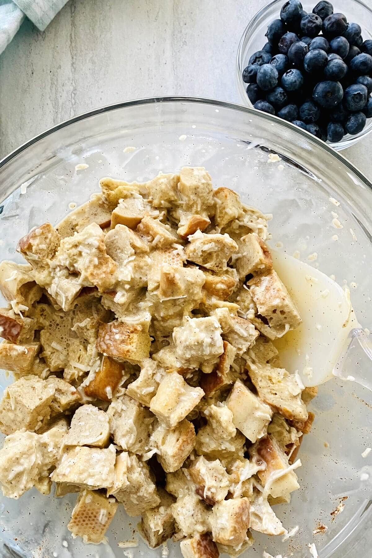 bread cubes in the custard.