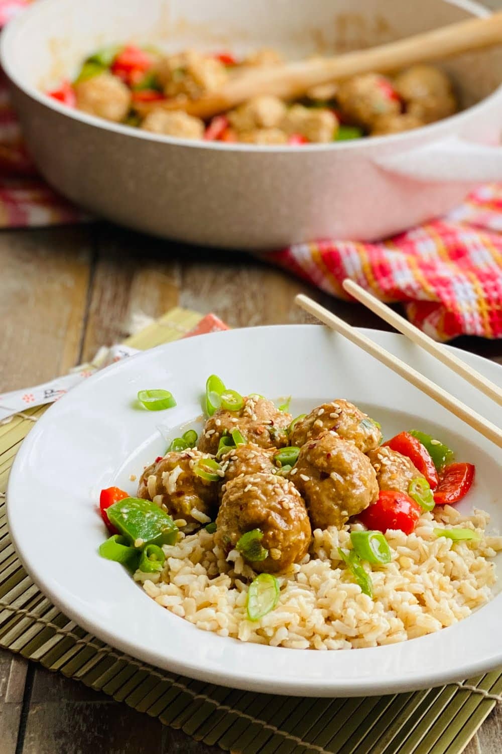 bowl of teriyaki turkey meatballs with brown rice