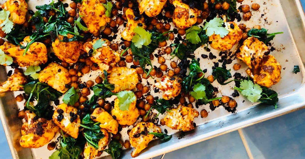Roasted Harissa Cauliflower, Chickpeas, and Spinach
