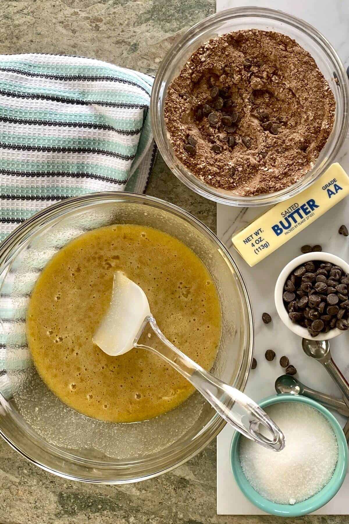 the wet ingredients for fudgy brownies.