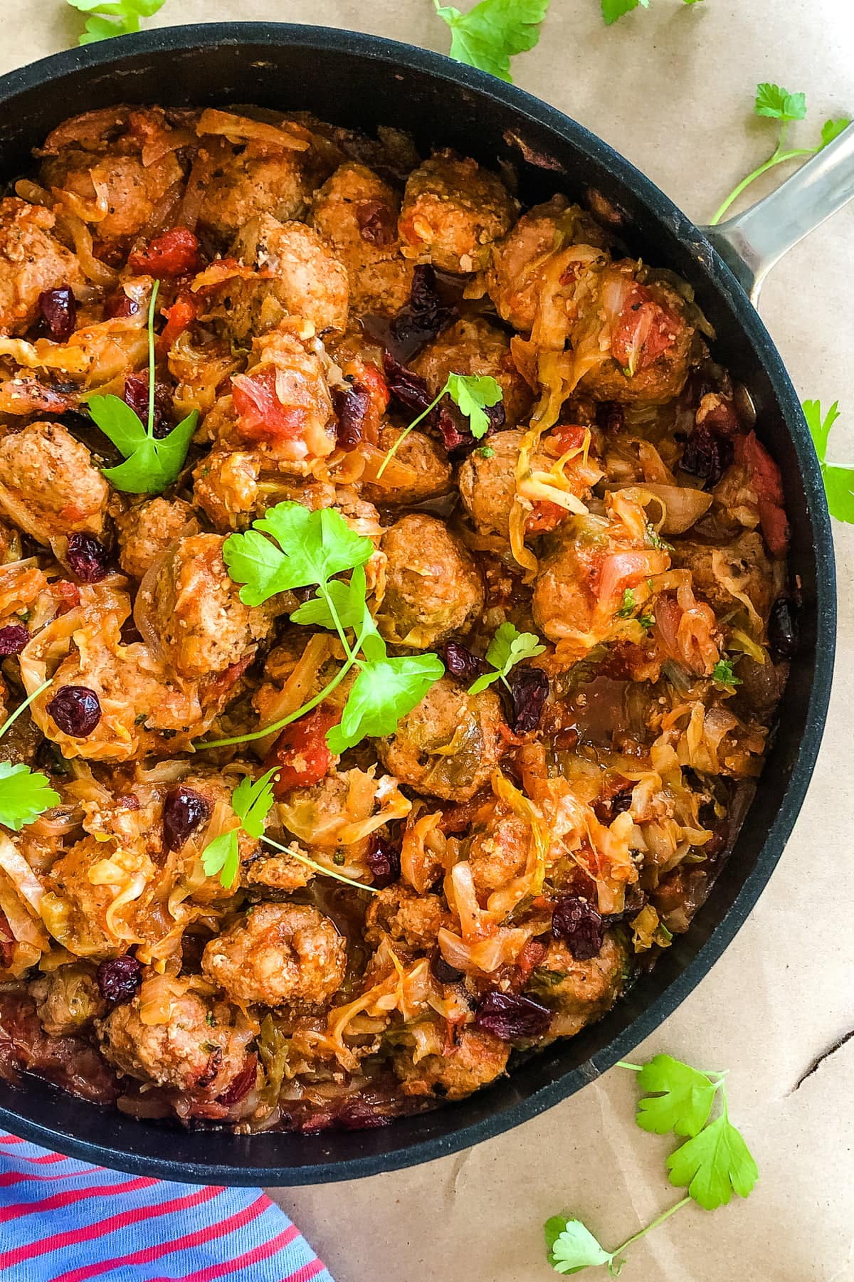 skillet with cabbage roll meatballs