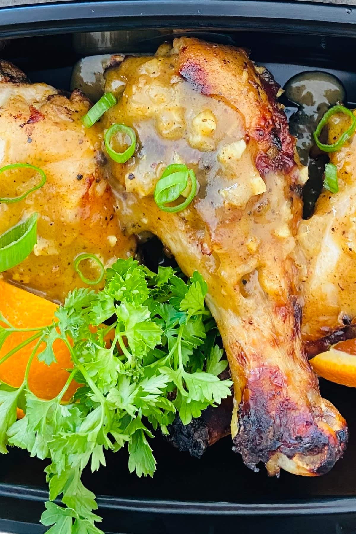 oven roasted chicken leg with orange, mustard and honey marinade