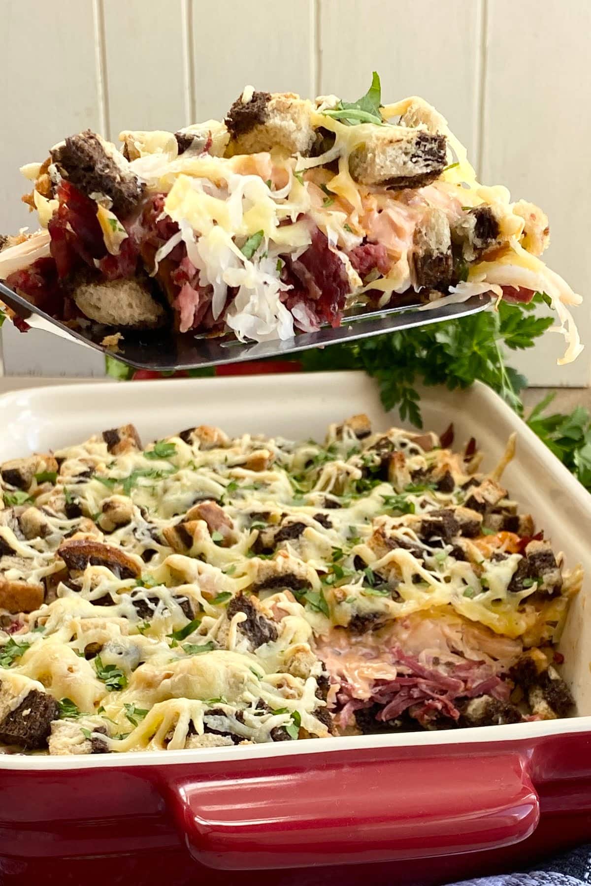 A piece of reuben casserole.