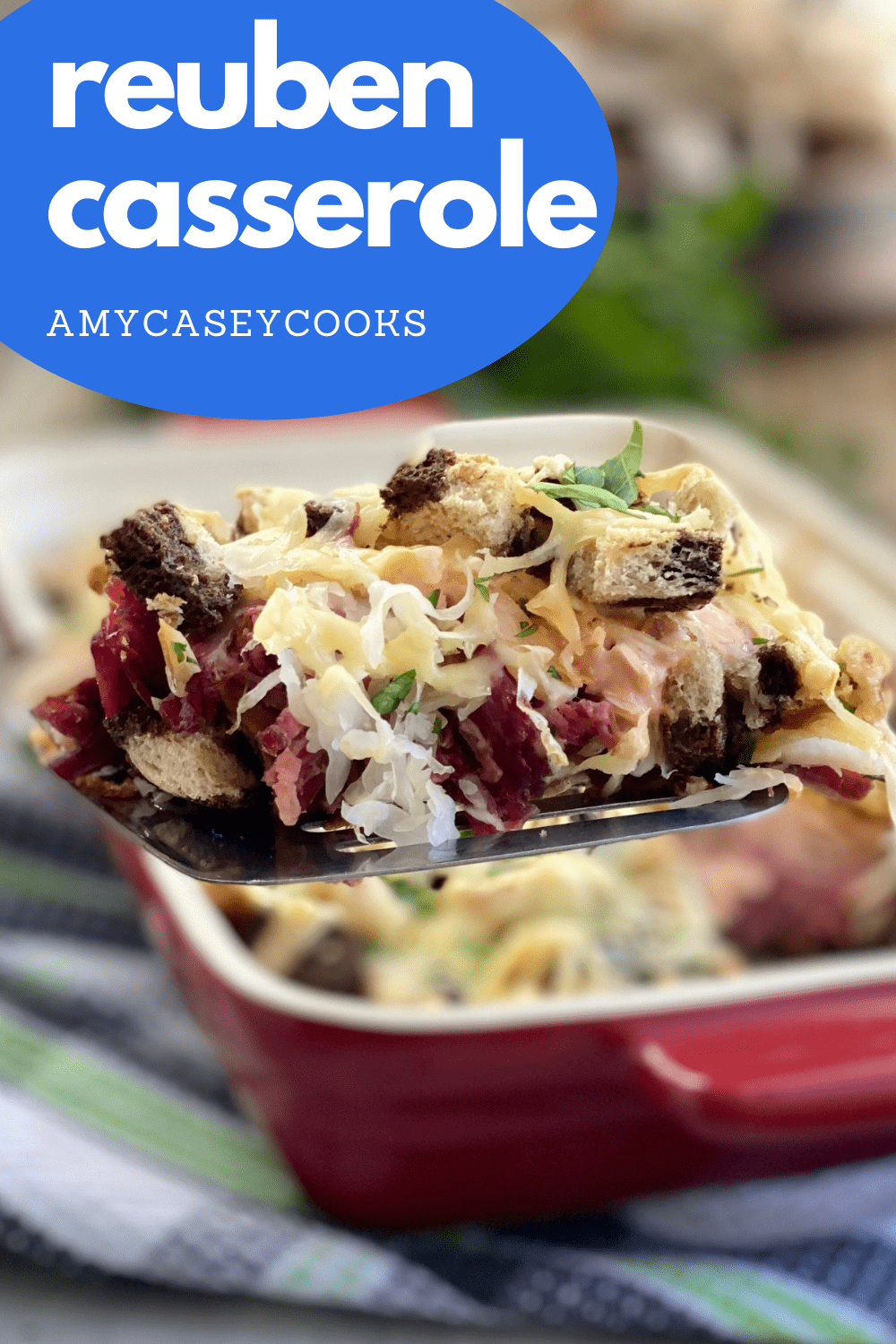 Casserole with corned beef, rye bread, sauerkraut, and dressing.