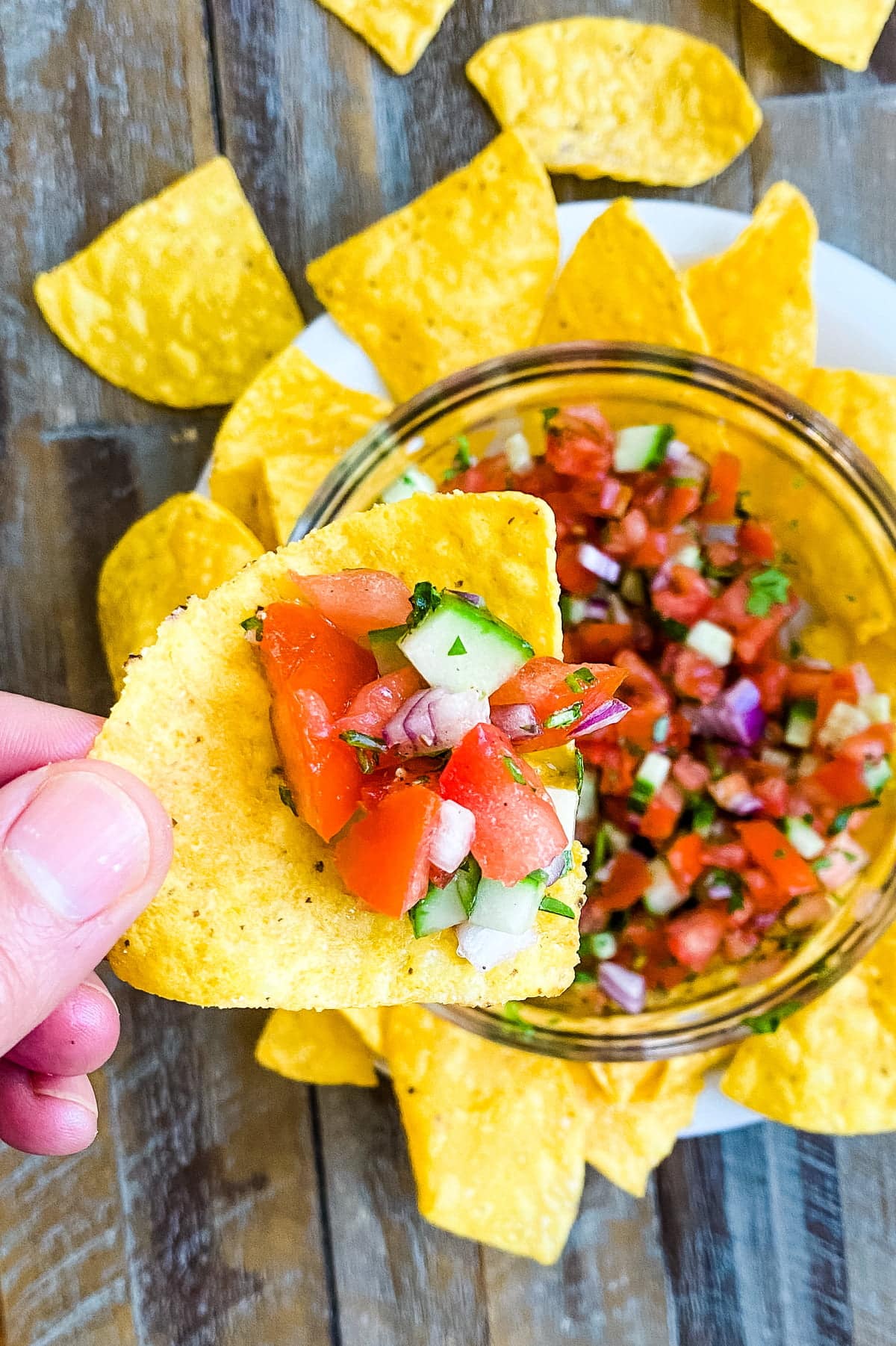 A tortilla chip topped with pico de gallo without jalapenos.