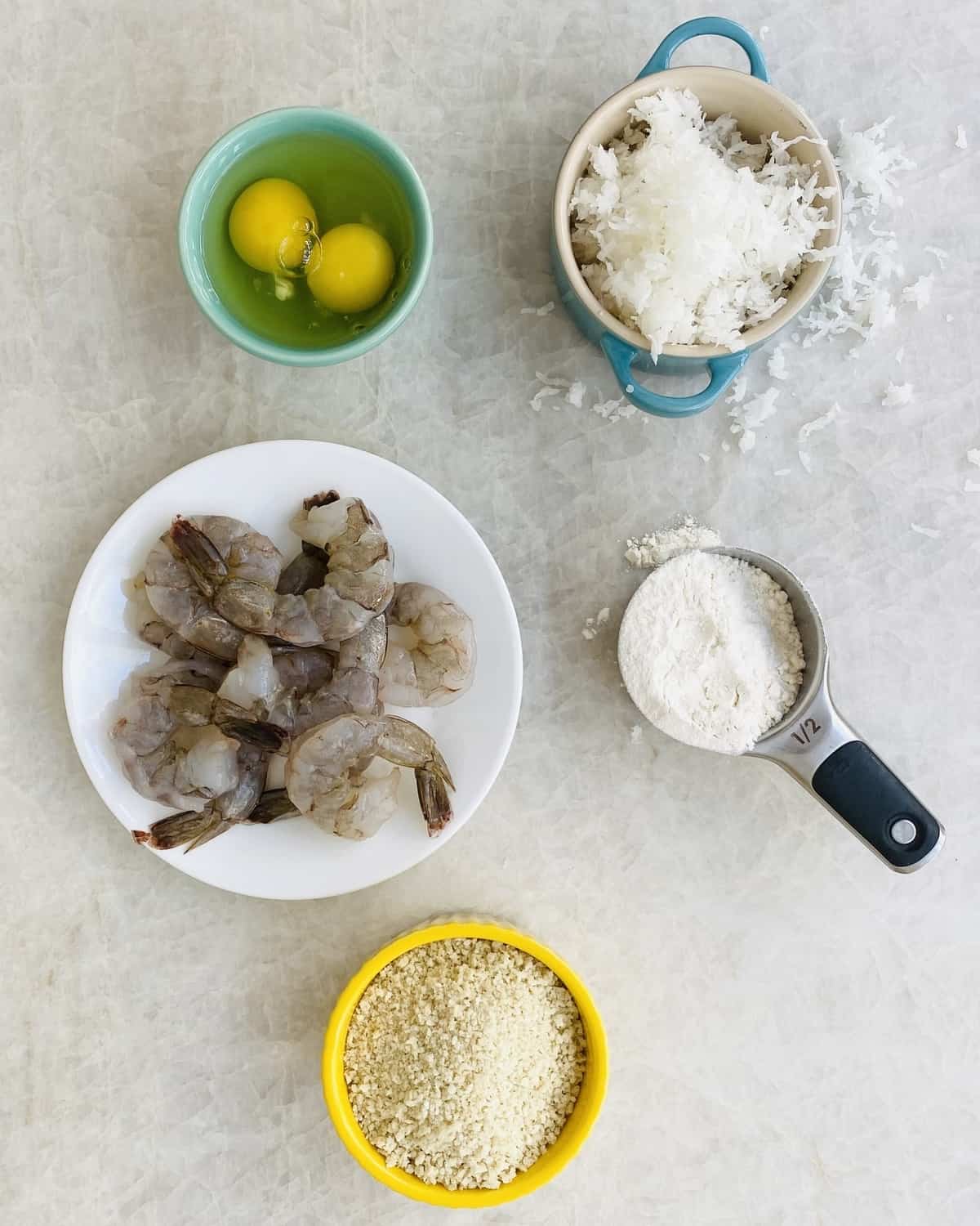 panko, shrimp, coconut, eggs, flour