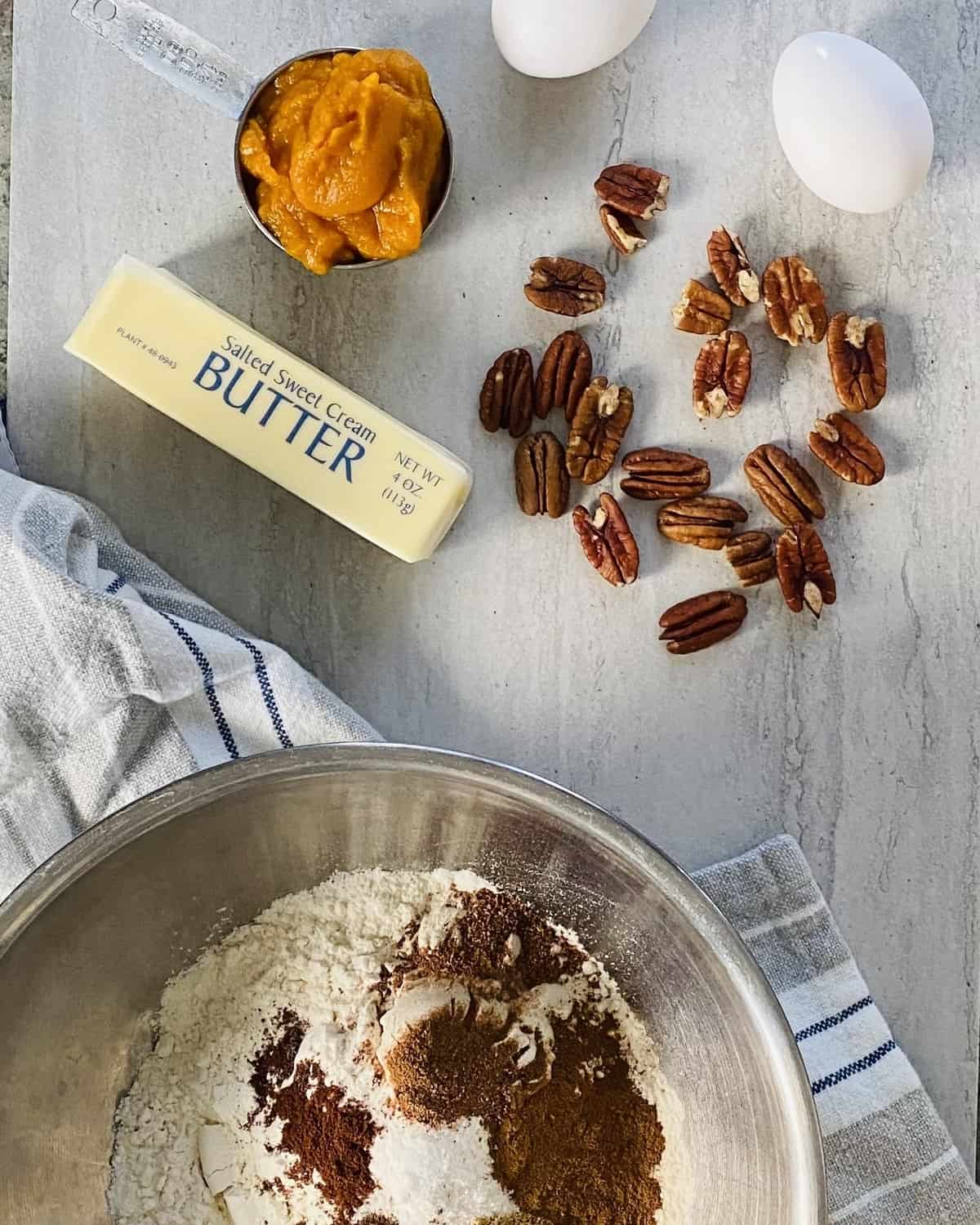 pecans, pumpkin puree, butter, flour, cinnamon