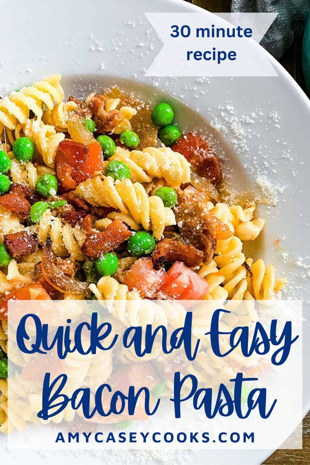 bacon pasta with tomatoes and peas.