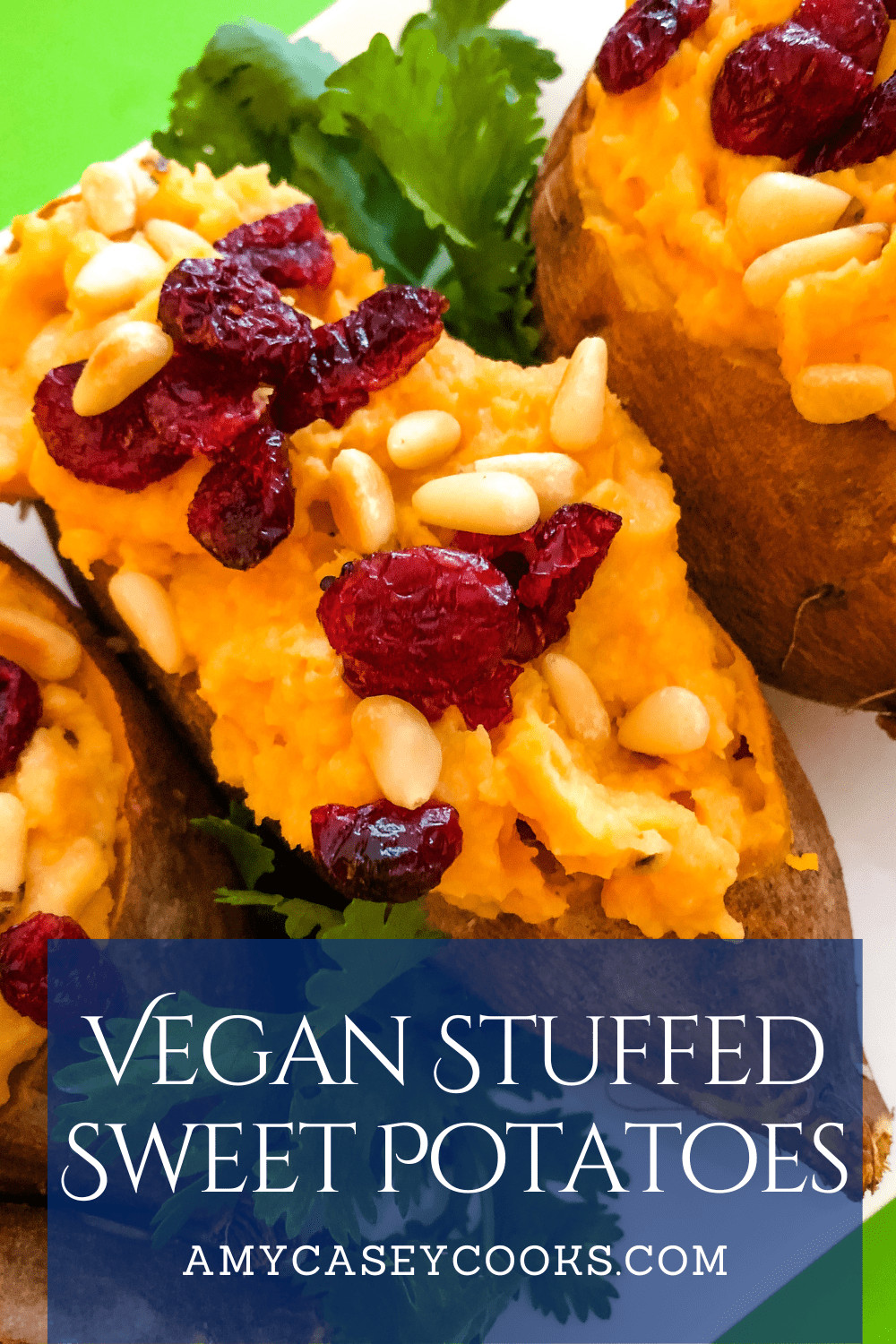 vegan stuffed sweet potatoes with cranberries and pine nuts