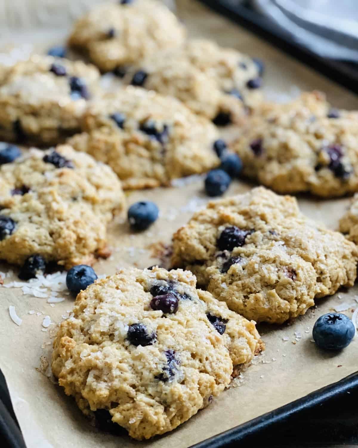 drop blueberry scones on a baking sheet