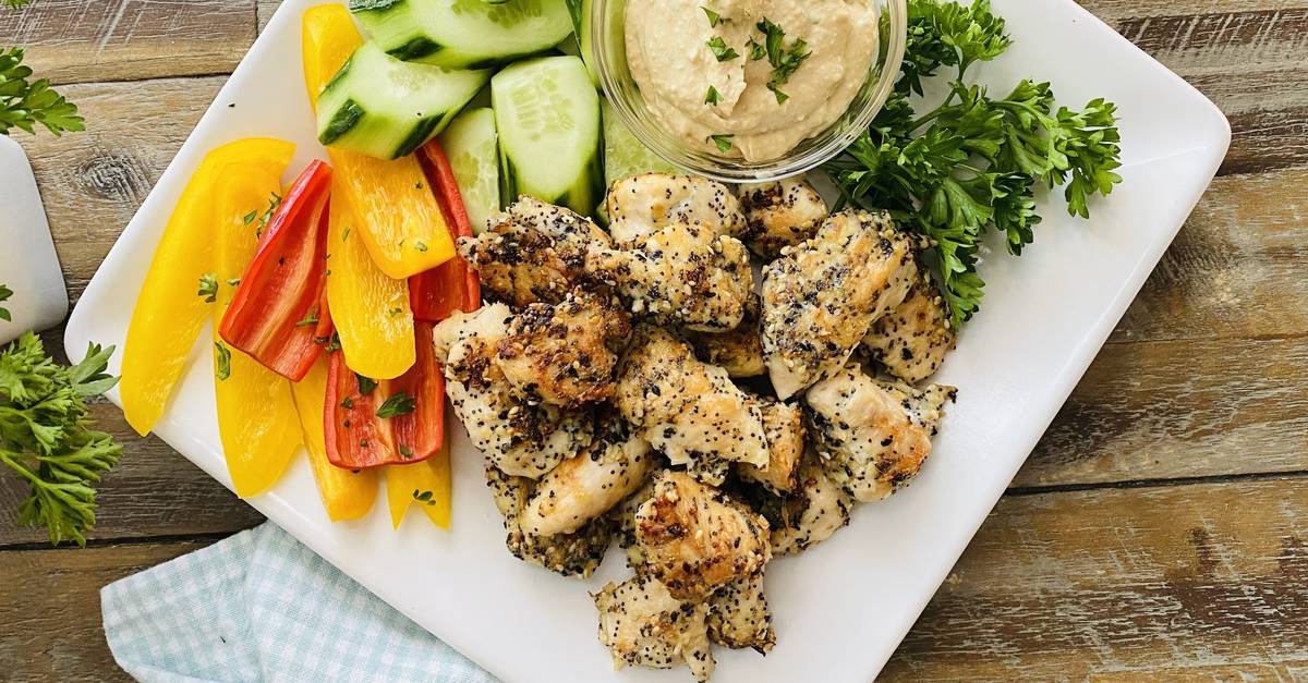 Everything Chicken Bites with Basil Hummus
